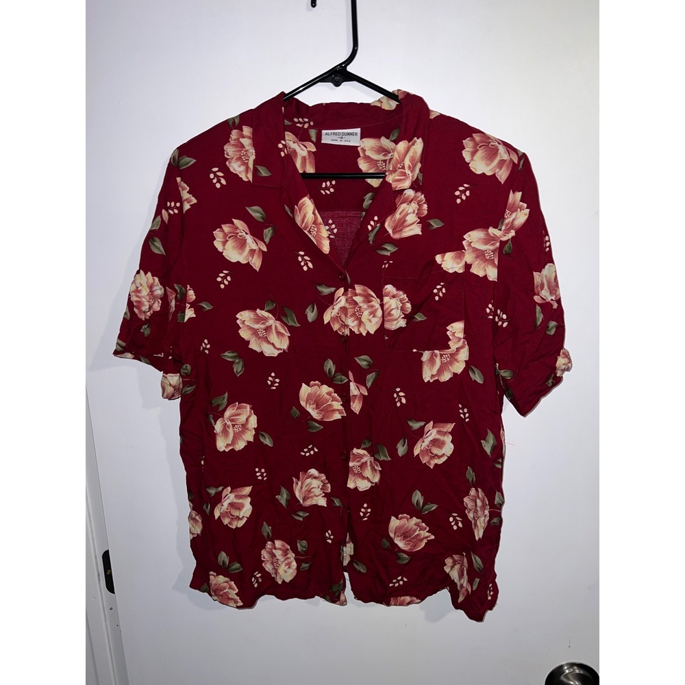Alfred Dunner Red Floral Short Sleeve Button Down Shirt Womens 18 Made in USA